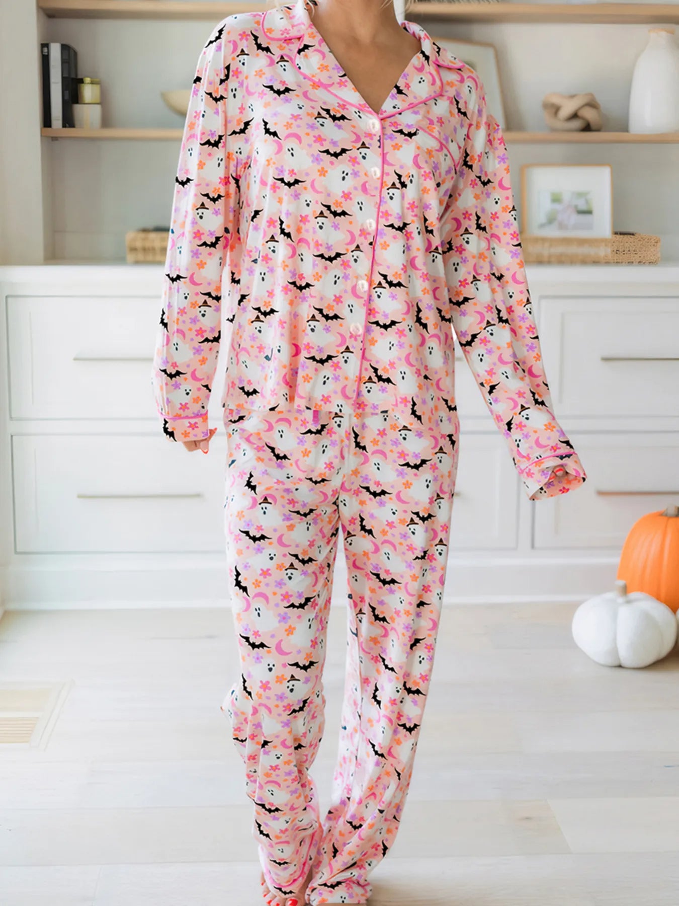 Halloween Ghost Print Button Up Top and Pants Lounge Set - Jeans Junction Online 