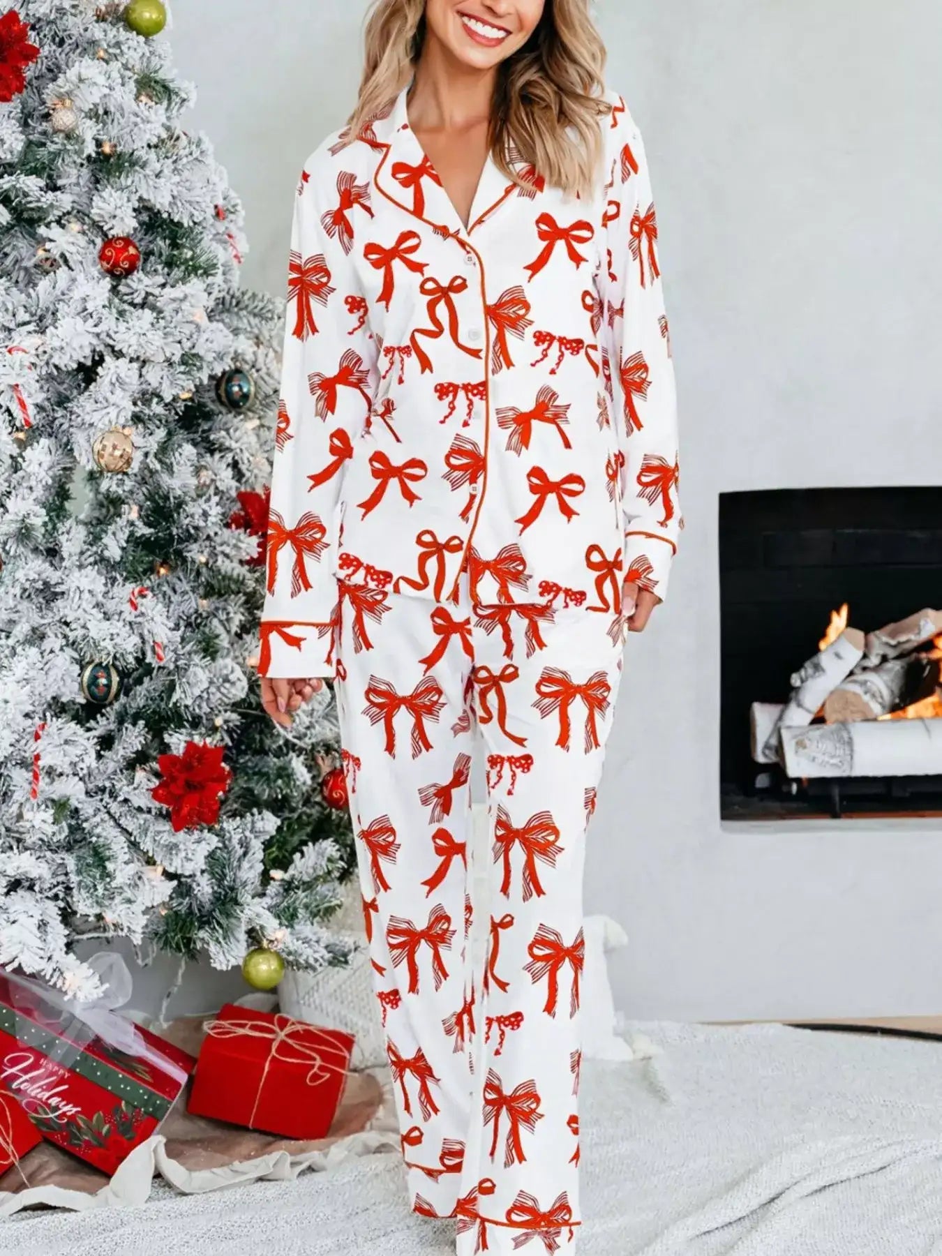 Christmas Bow Print Top and Pants 2pcs Pajama Set - Jeans Junction Online 
