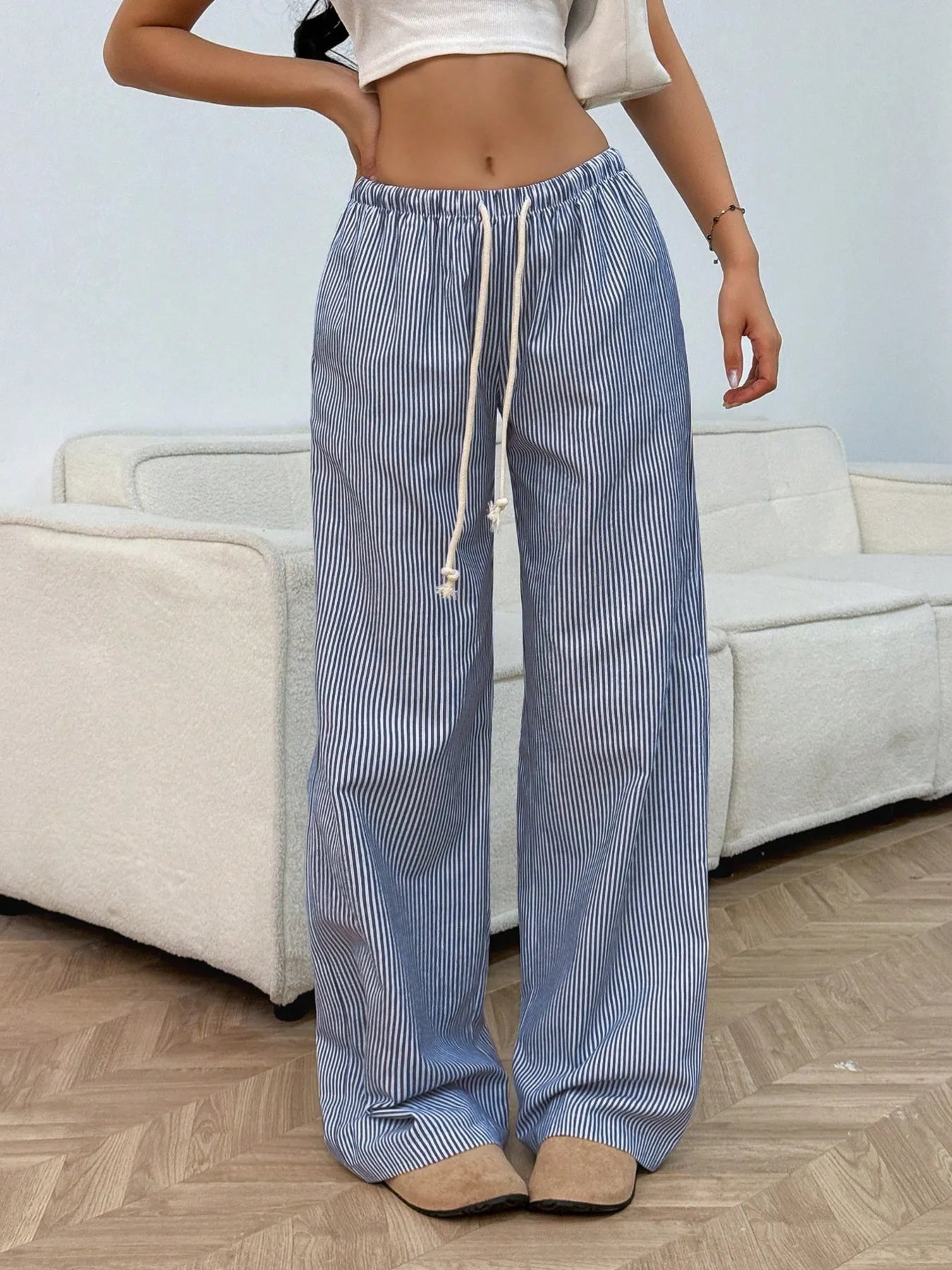 Drawstring Striped Wide Leg Pants - Jeans Junction Online 