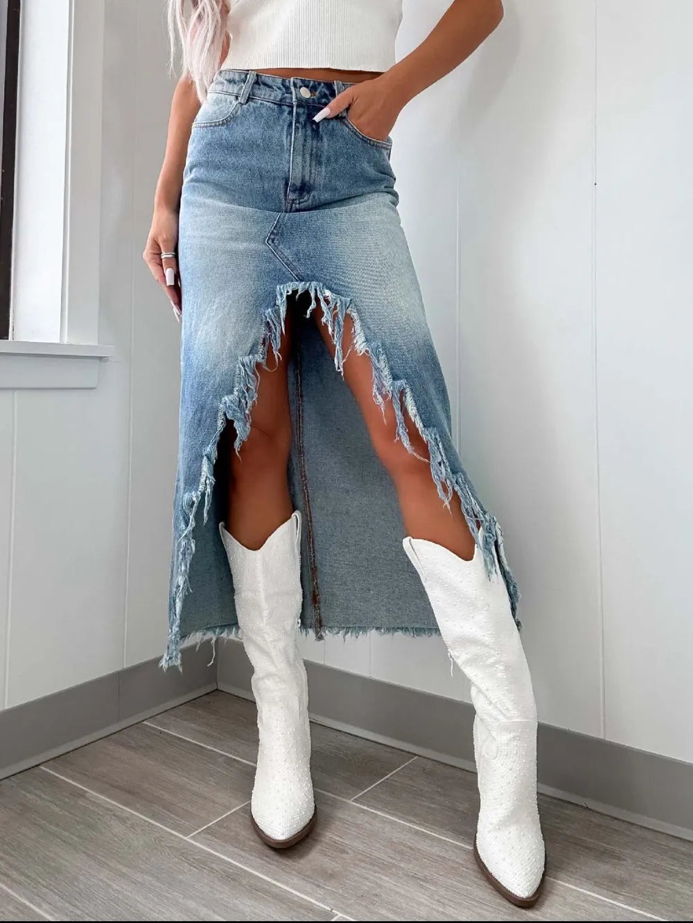 High-Waist Raw Hem Asymmetry Denim Skirt - Jeans Junction Online 