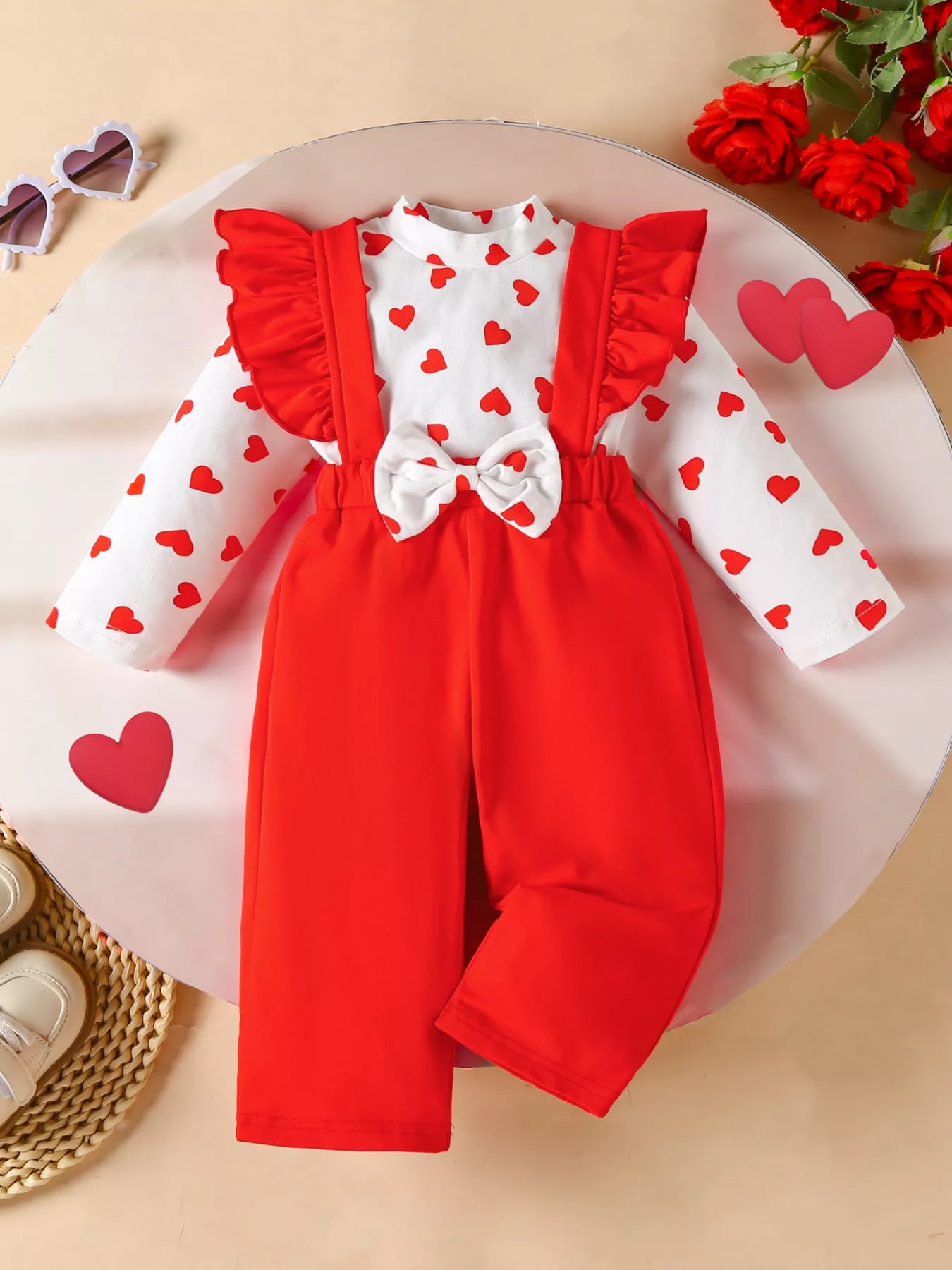 Children's Heart Print Top and Suspender Pants Set