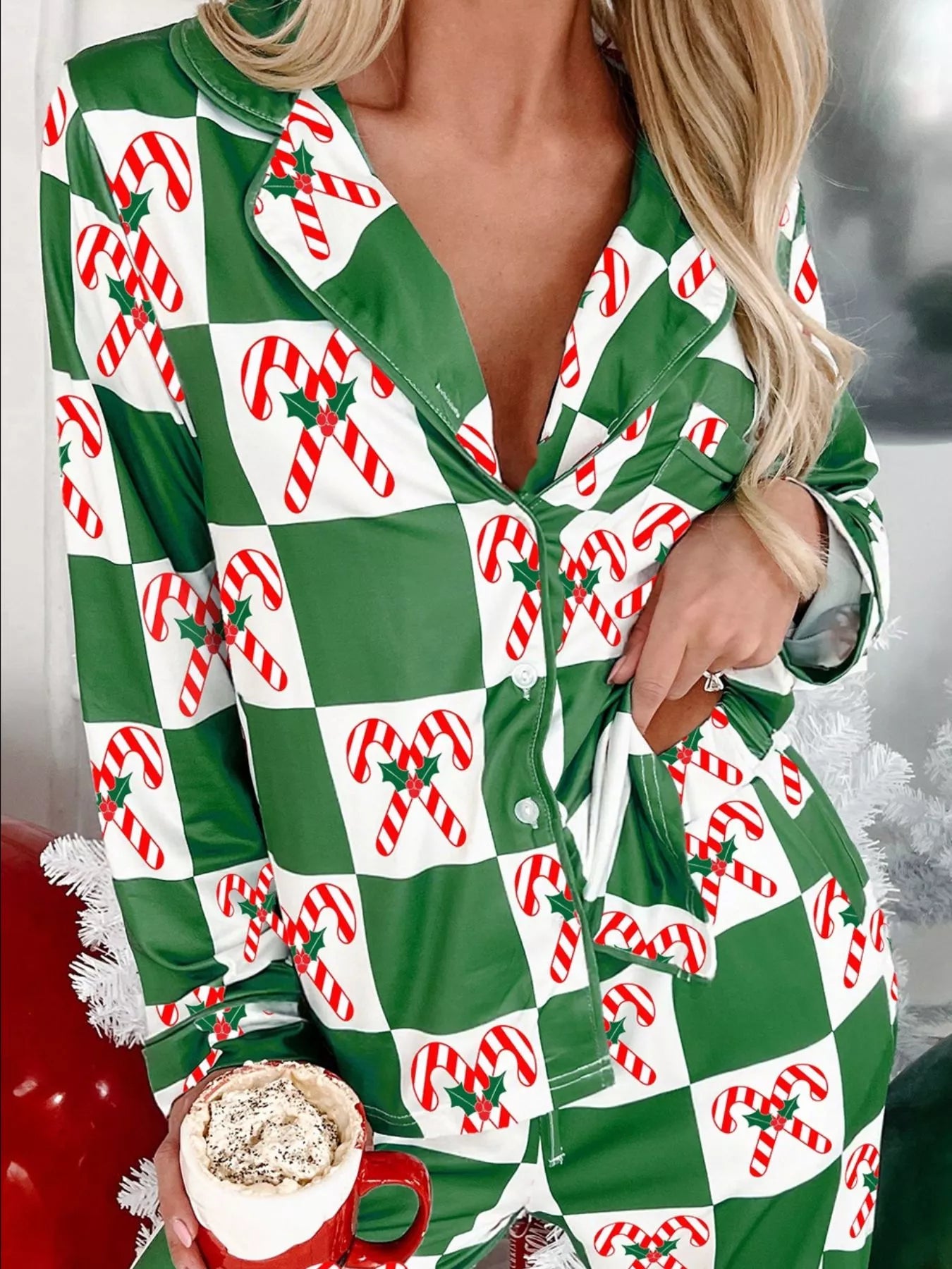 Candy Cane Checkered Pattern 2pcs Pajama Set