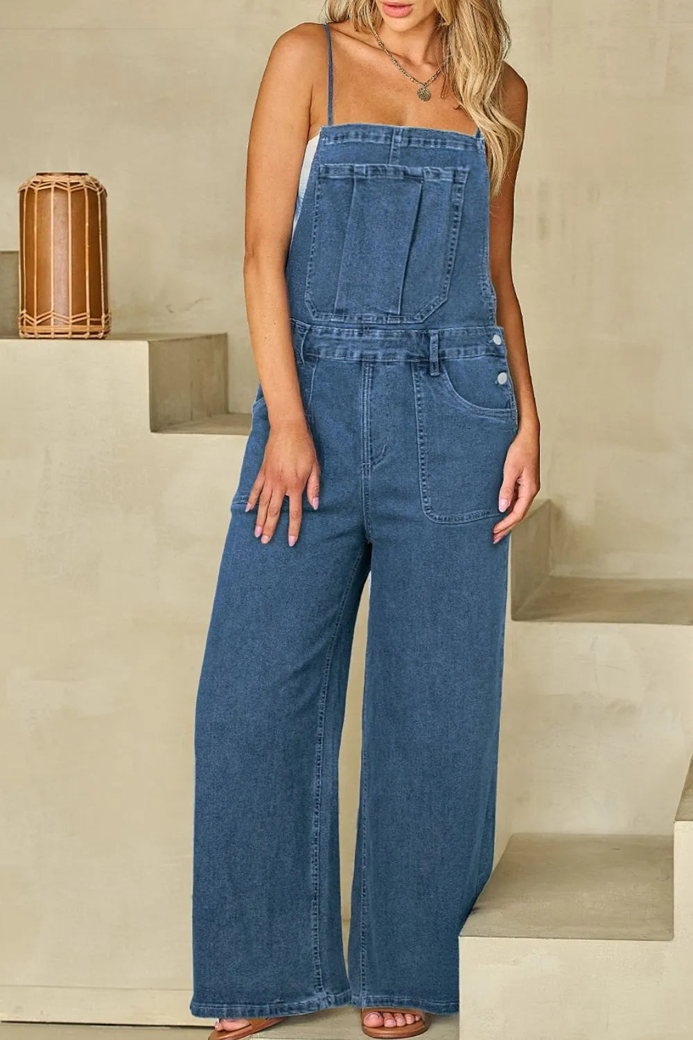 Adjustable Tie Straps Wide Leg Denim Overalls