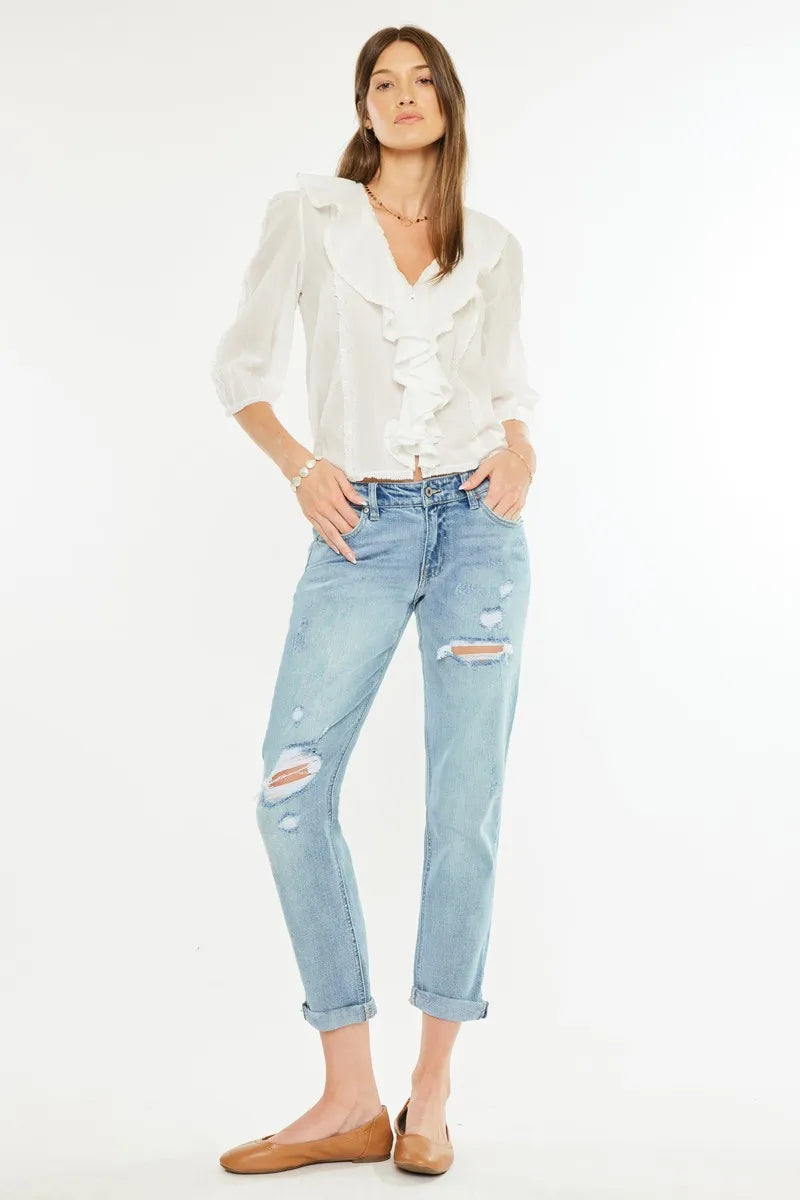 Kancan Mid Rise Distressed Boyfriend Fit Jeans - Jeans Junction Online