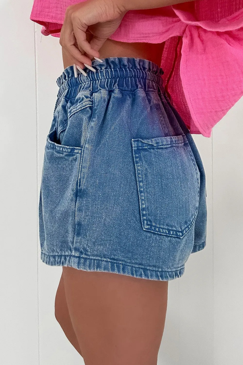 Drawstring High Waist Denim Shorts with Pockets